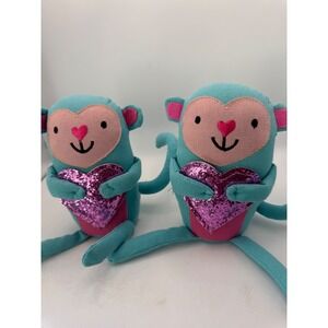 Cute Teal Monkey Plush Stuffed Animal Glitter Heart Valentine Love